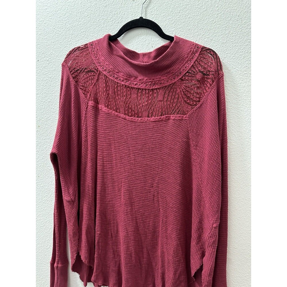 Free People Spring Valley Burgundy Lace Semi Sheer Waffle Knit Top Womens Small